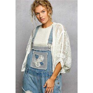 POL Open Front Crochet Cardigan with Floral Embroidery